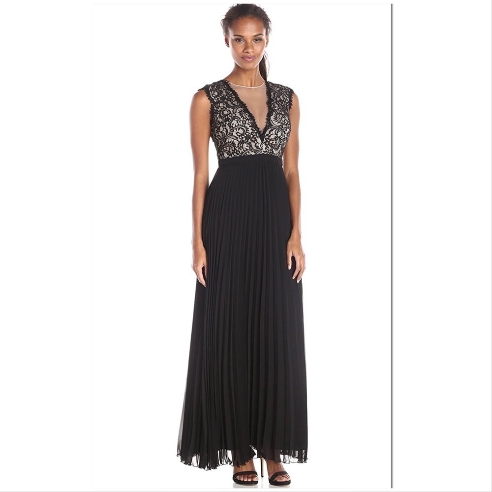 Xscape Black Lace Bodice Pleated Maxi Dress